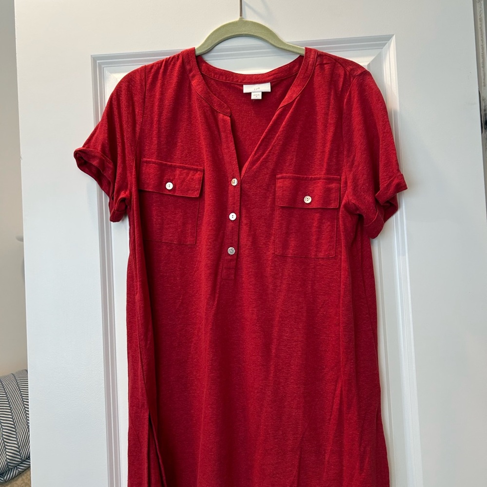J. Jill Red Short-Sleeve Tunic with Button Placket
